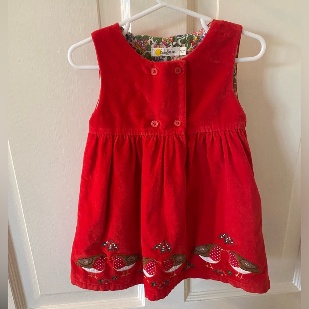 Baby Boden Red Velvet Robin Bird Pinnie Dress 18-24 months